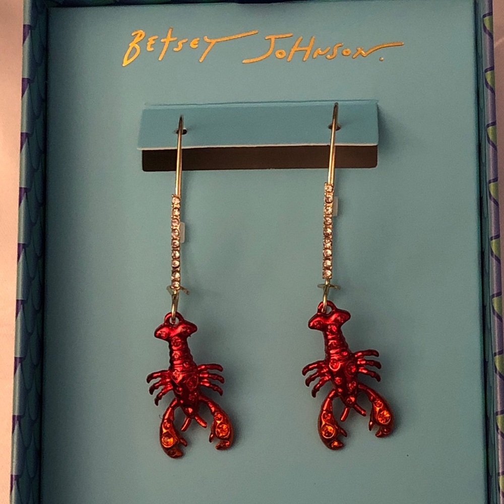 Betsey Johnson Mermaid Jewels Red Metallic Lobster Drop Earrings Crystal NIB